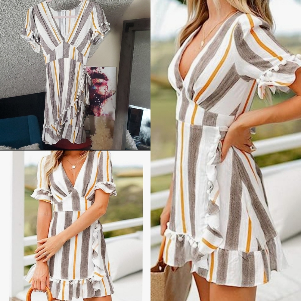 3for20🤍 Sweet Pompom Faux Wrap Dress w/ attached belt.